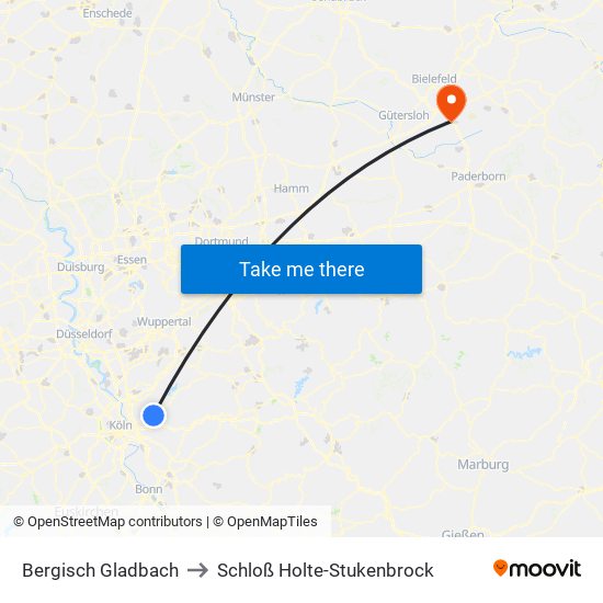 Bergisch Gladbach to Schloß Holte-Stukenbrock map