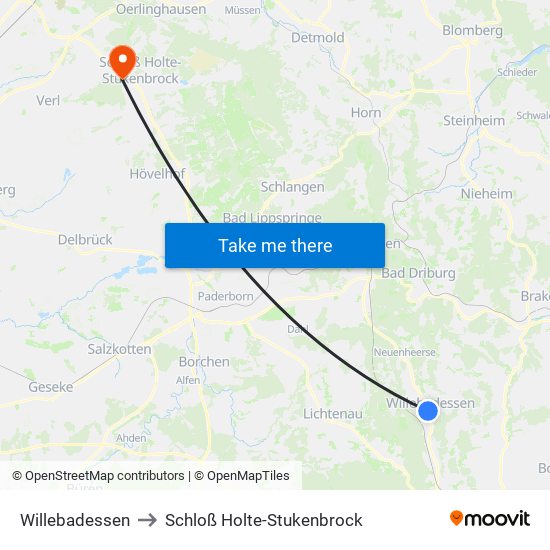 Willebadessen to Schloß Holte-Stukenbrock map