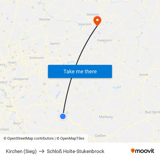 Kirchen (Sieg) to Schloß Holte-Stukenbrock map