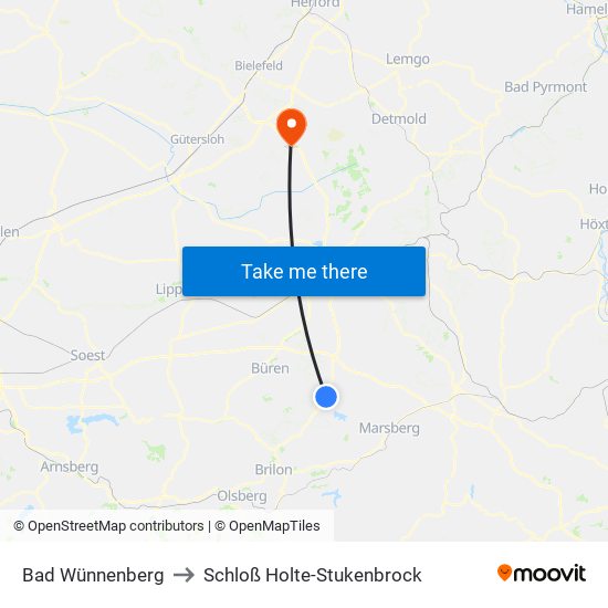 Bad Wünnenberg to Schloß Holte-Stukenbrock map