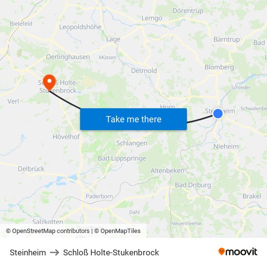 Steinheim to Schloß Holte-Stukenbrock map