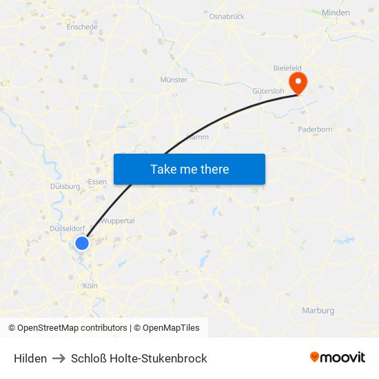 Hilden to Schloß Holte-Stukenbrock map