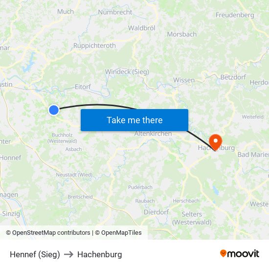 Hennef (Sieg) to Hachenburg map