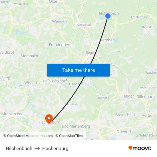 Hilchenbach to Hachenburg map