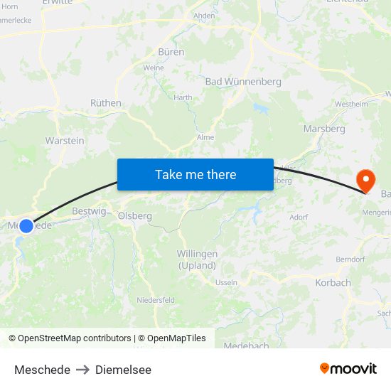 Meschede to Diemelsee map