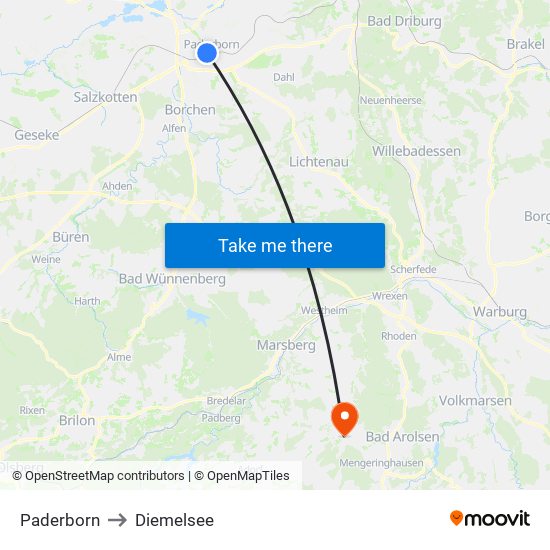 Paderborn to Diemelsee map