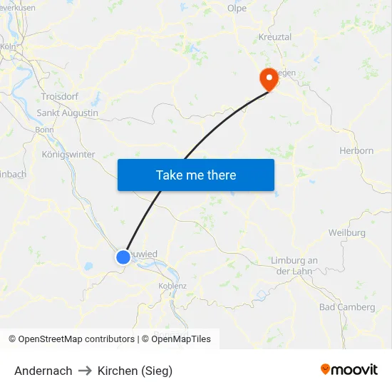 Andernach to Kirchen (Sieg) map