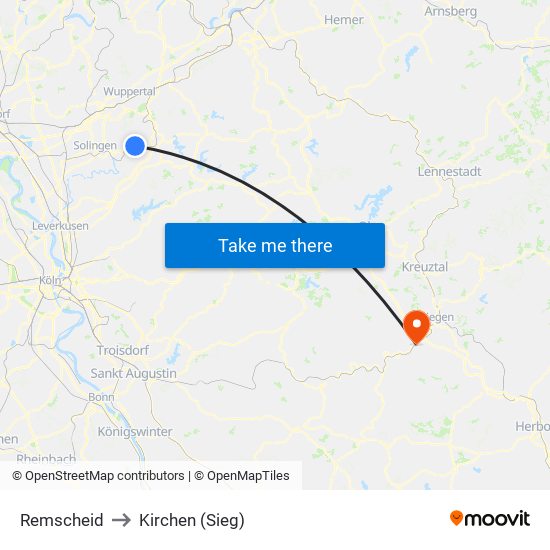 Remscheid to Kirchen (Sieg) map