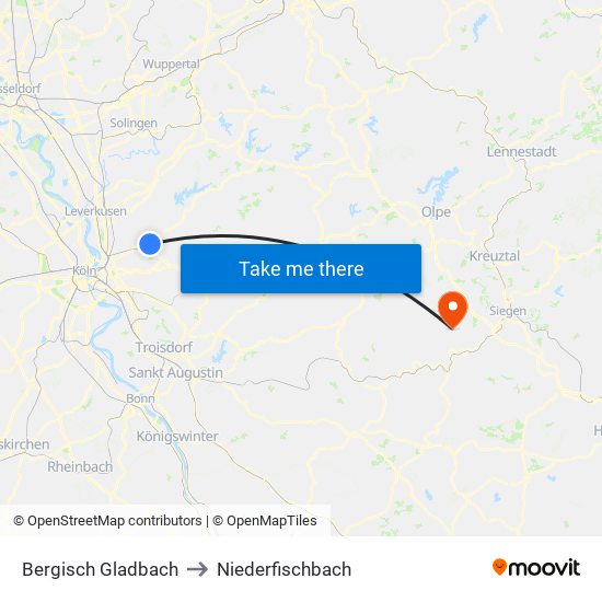 Bergisch Gladbach to Niederfischbach map