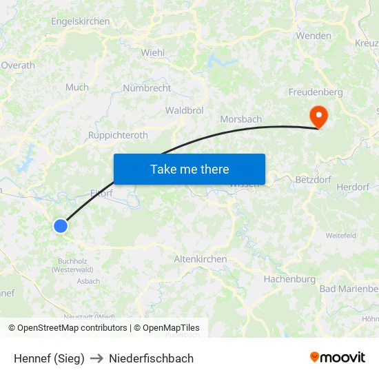 Hennef (Sieg) to Niederfischbach map