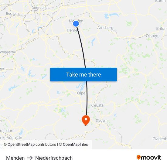 Menden to Niederfischbach map