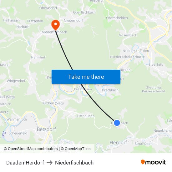 Daaden-Herdorf to Niederfischbach map