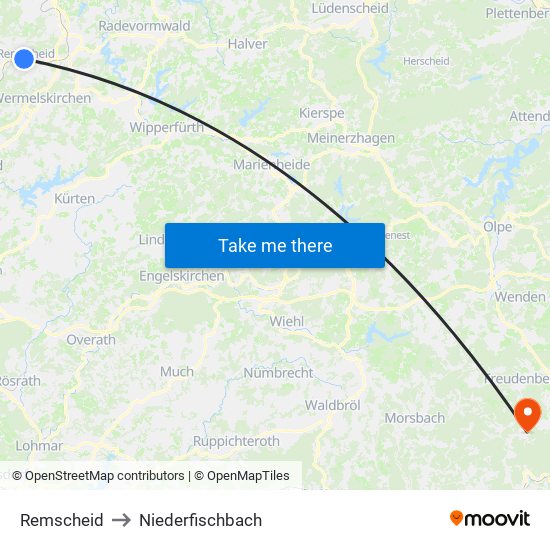 Remscheid to Niederfischbach map