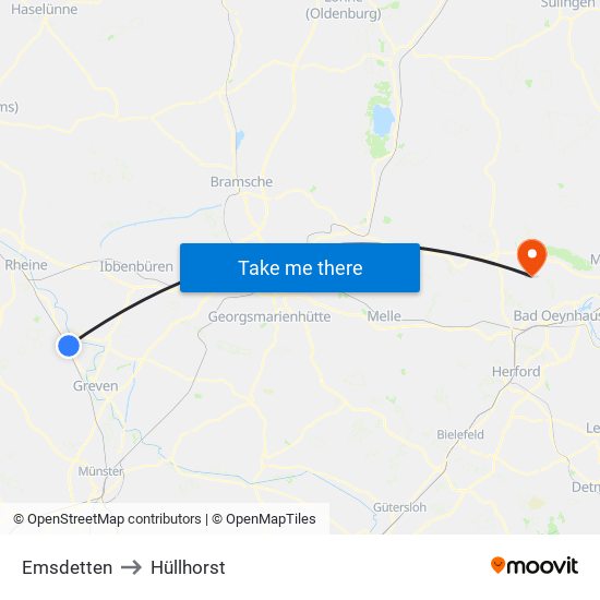 Emsdetten to Hüllhorst map