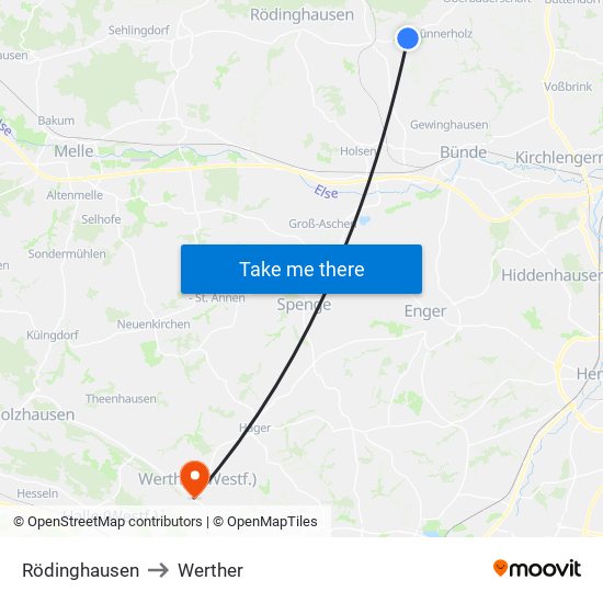 Rödinghausen to Werther map