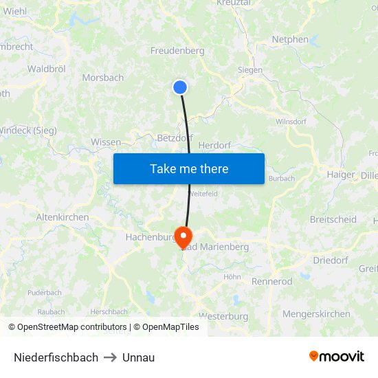Niederfischbach to Unnau map