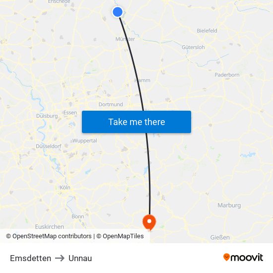 Emsdetten to Unnau map