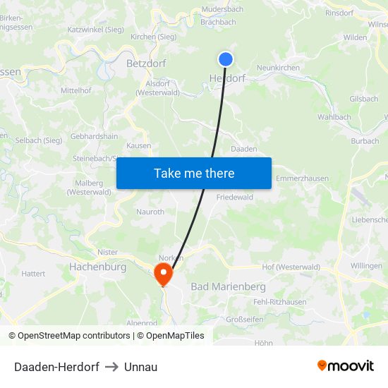 Daaden-Herdorf to Unnau map