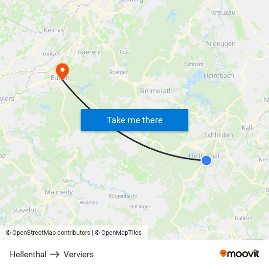 Hellenthal to Verviers map