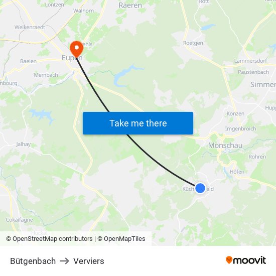 Bütgenbach to Verviers map