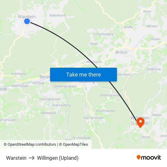 Warstein to Willingen (Upland) map