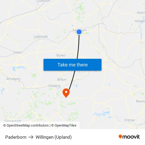 Paderborn to Willingen (Upland) map