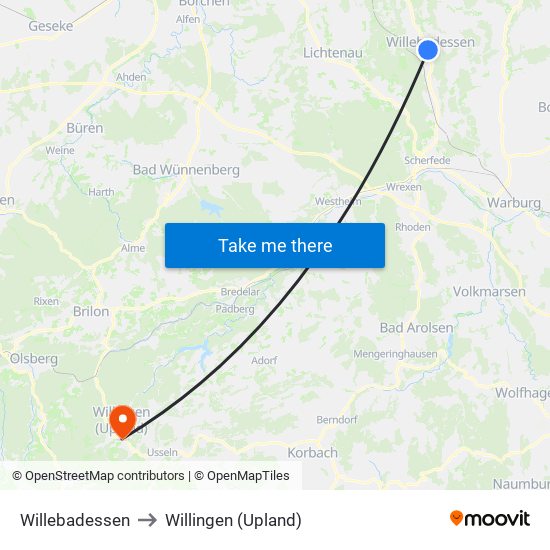 Willebadessen to Willingen (Upland) map