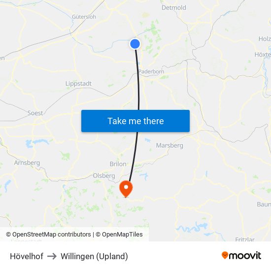 Hövelhof to Willingen (Upland) map