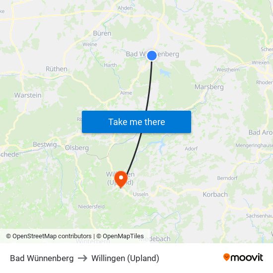 Bad Wünnenberg to Willingen (Upland) map