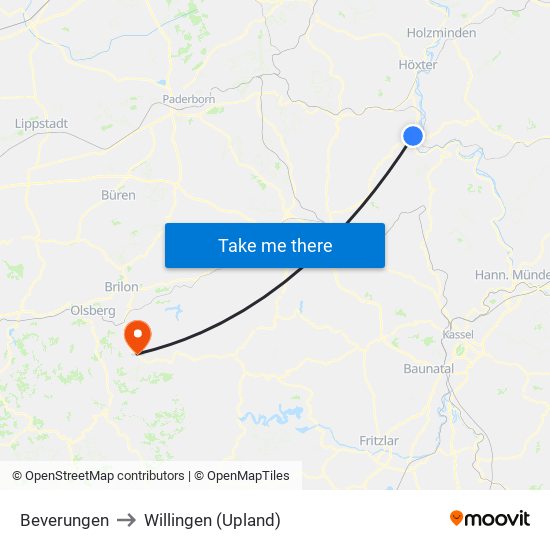 Beverungen to Willingen (Upland) map