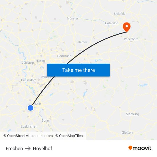 Frechen to Hövelhof map