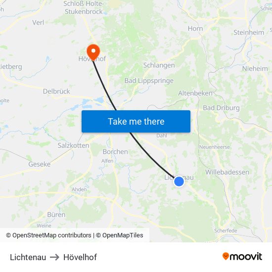 Lichtenau to Hövelhof map