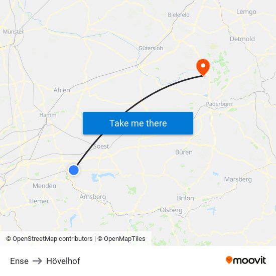 Ense to Hövelhof map