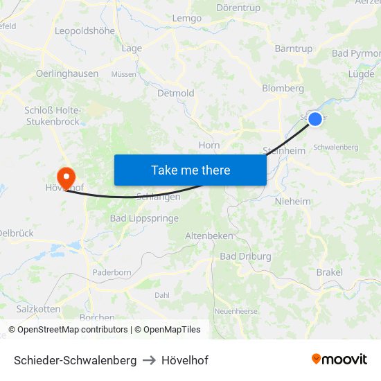 Schieder-Schwalenberg to Hövelhof map