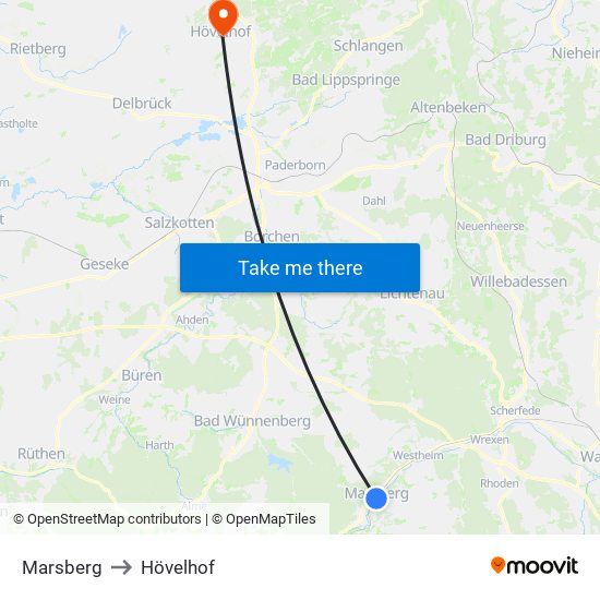 Marsberg to Hövelhof map