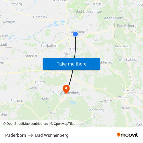 Paderborn to Bad Wünnenberg map