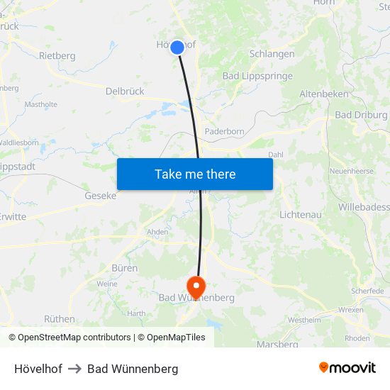 Hövelhof to Bad Wünnenberg map