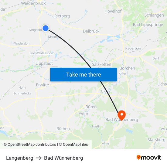 Langenberg to Bad Wünnenberg map