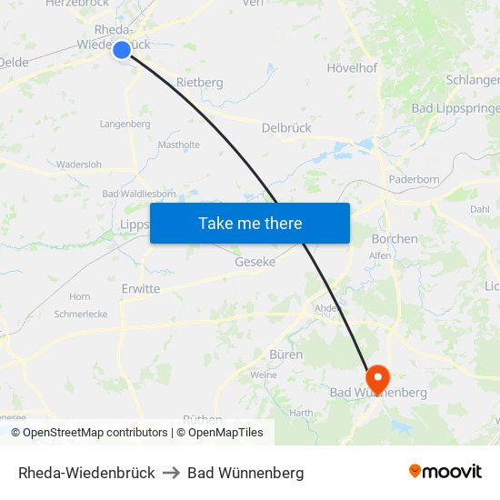 Rheda-Wiedenbrück to Bad Wünnenberg map