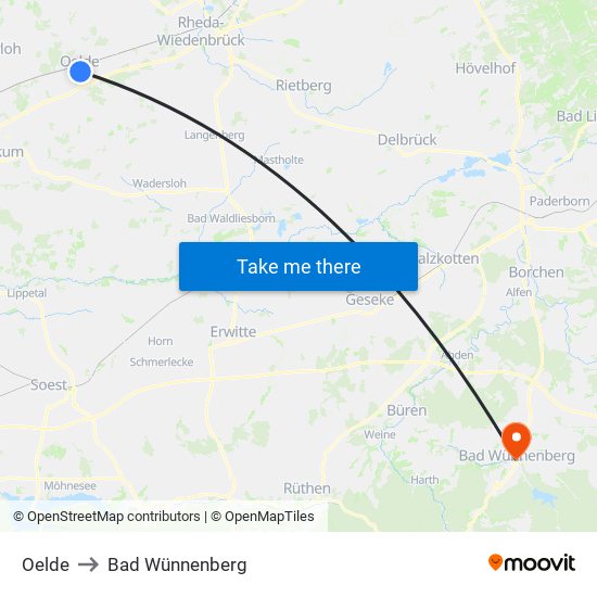 Oelde to Bad Wünnenberg map