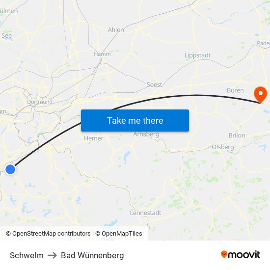 Schwelm to Bad Wünnenberg map