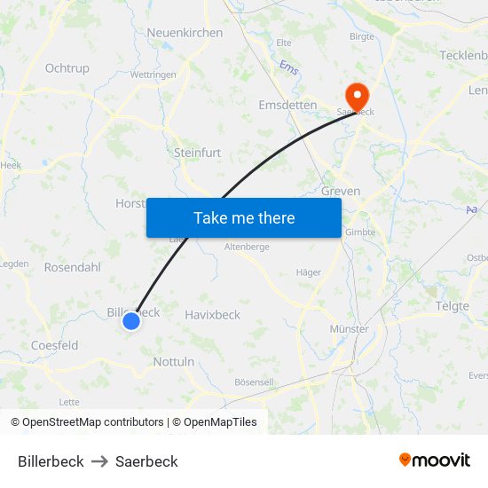 Billerbeck to Saerbeck map