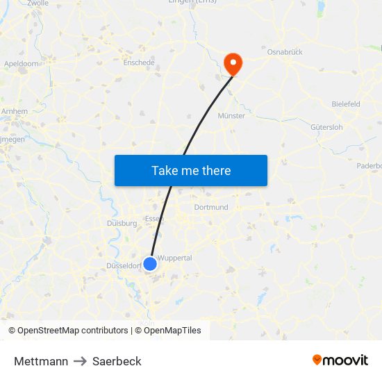 Mettmann to Saerbeck map