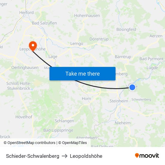 Schieder-Schwalenberg to Leopoldshöhe map