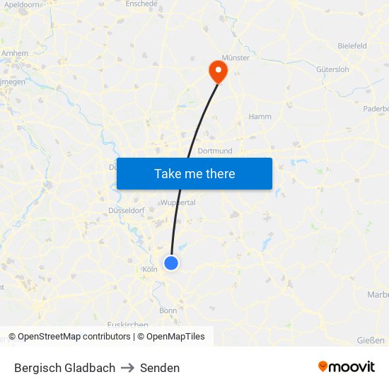 Bergisch Gladbach to Senden map