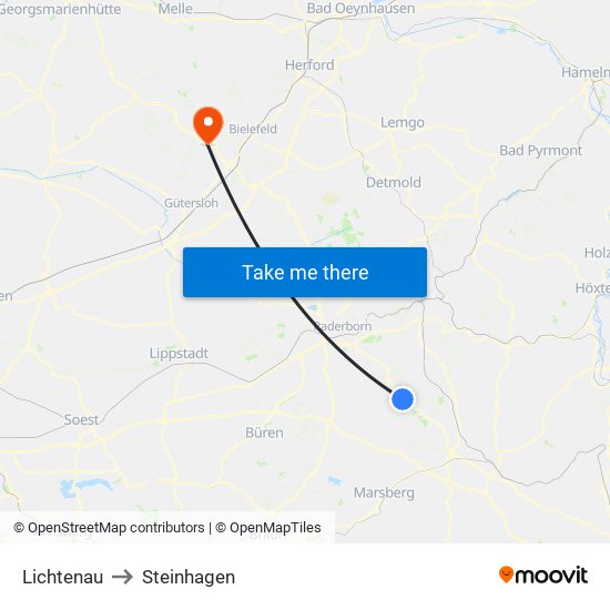 Lichtenau to Steinhagen map