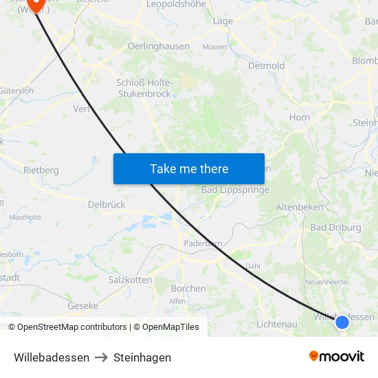 Willebadessen to Steinhagen map