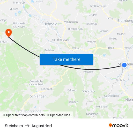 Steinheim to Augustdorf map