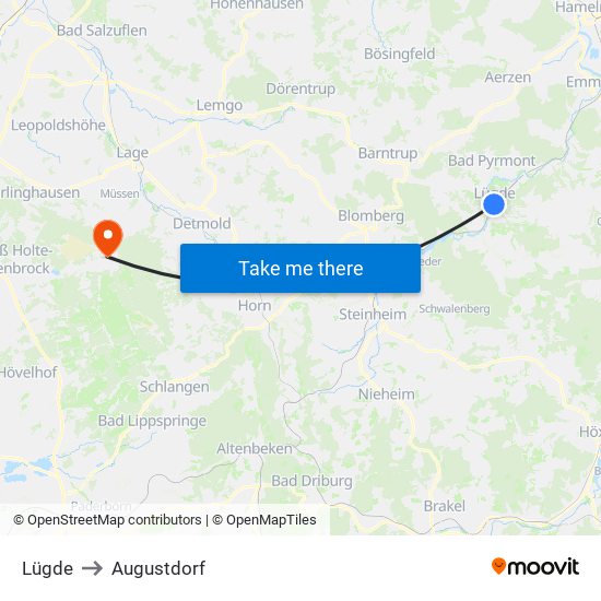 Lügde to Augustdorf map