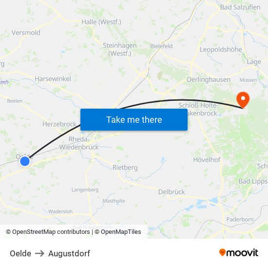 Oelde to Augustdorf map